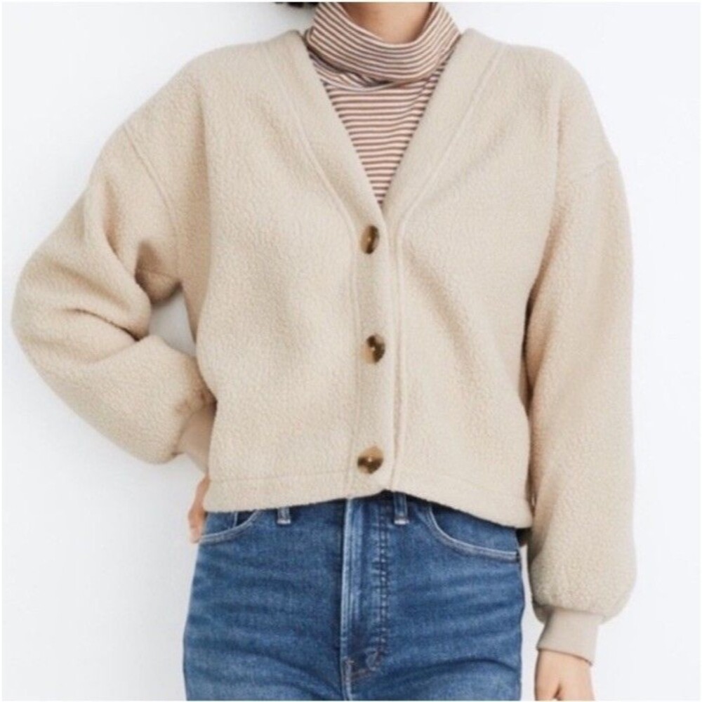 MADEWELL Women's Cardigan Sherpa Crop Jacket Off-White Eggshell Size Small